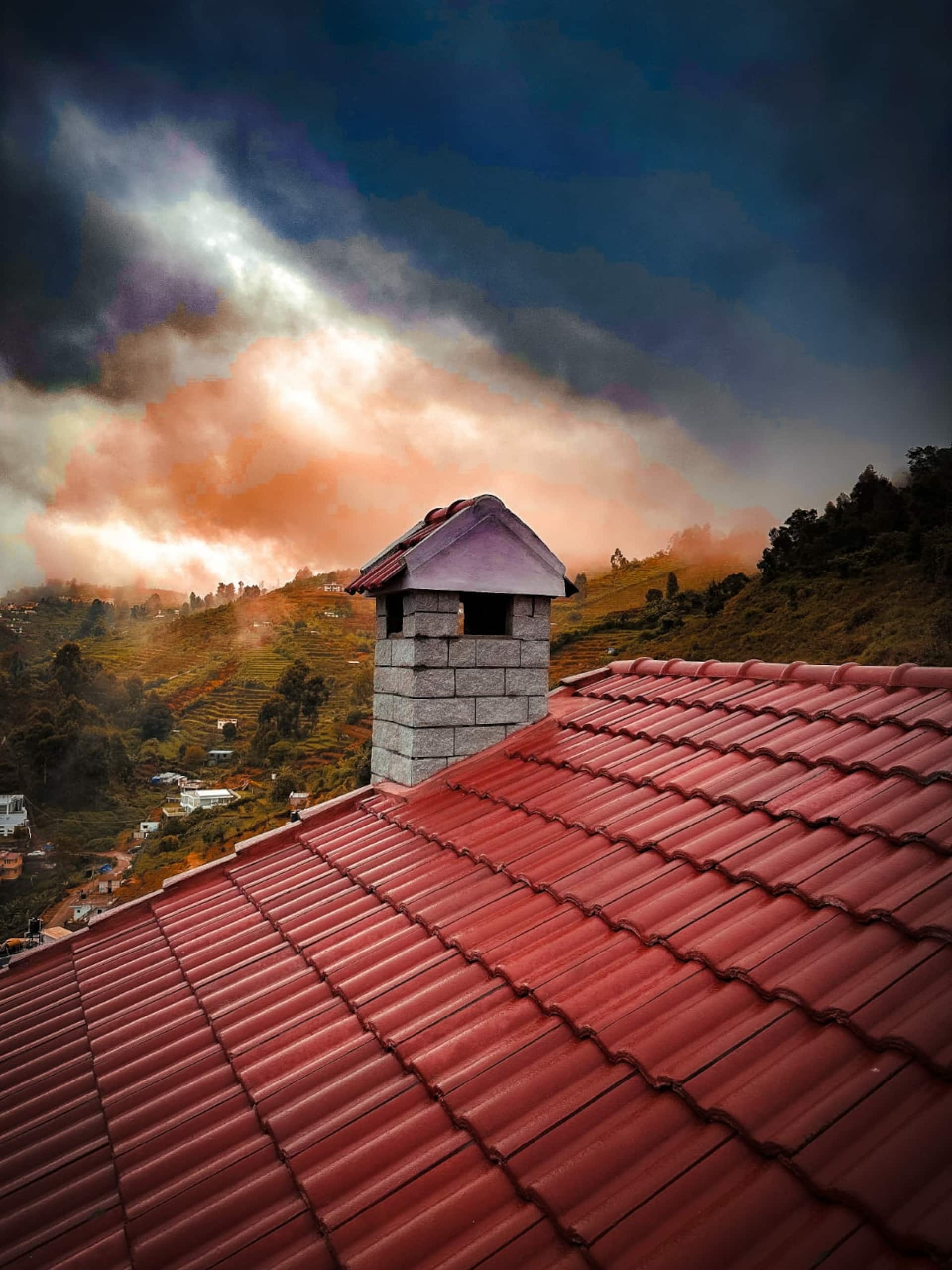 Red-tiled roof at sunset