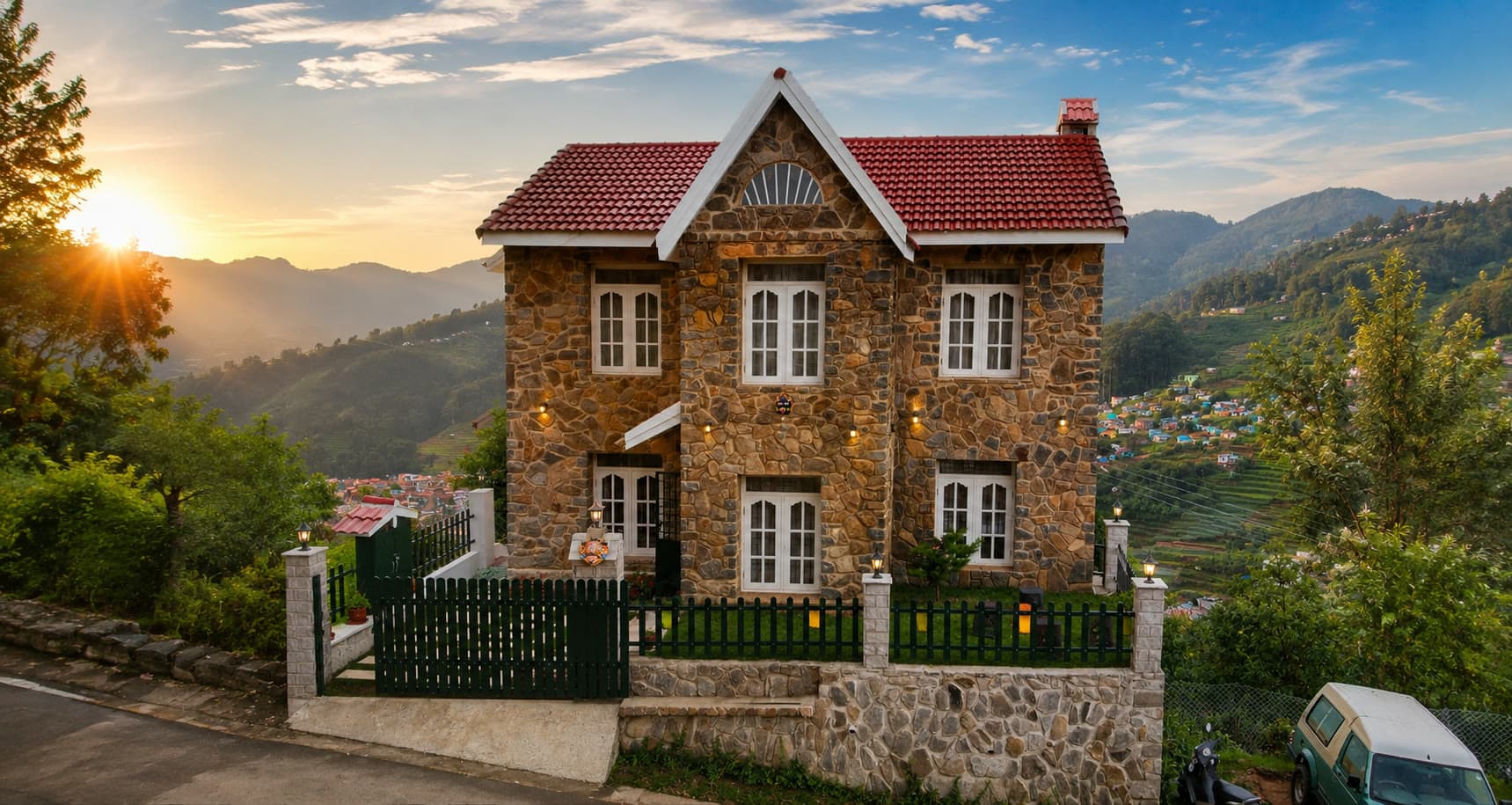 Zhagaram Cottage at sunrise over the valley